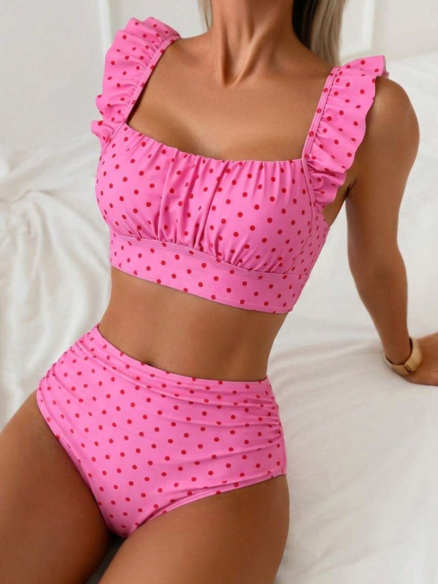Swim Basics Bộ đồ đi biển mùa hè dành cho nữ, kiểu dáng thanh lịch tối giản, màu đen trắng chấm bi, gồm áo hai dây xếp ly phía trước và quần tam giác cạp cao xếp ly. - Nhiều màu - Xem 1