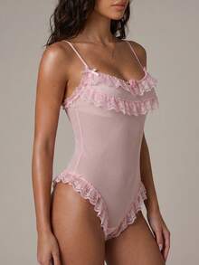 DAZY Lace & Mesh Patchwork Semi-Sheer Floral Decor Bodysuit, Fitted Spaghetti Strap Ruffle Trim Sexy Jumpsuit For Women - Pink - View 7