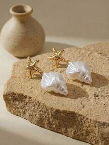 Arave Pendientes colgantes con forma de estrella de mar en baño de oro, joyería de playa de verano para mujer - pendiente de espiral de estrella de mar - Ver 3