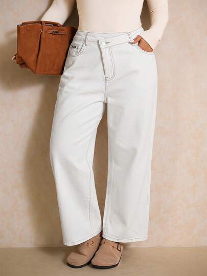 Elaquor Plus Size Women's Asymmetrical Waist Slant Pocket Loose Fit Straight Leg Jeans, Comfortable Denim, White Jeans For Ladies, All Match, Versatile, Summer Jeans, Wide Leg Jeans, Loose-Fit Straight-Leg Jeans, Summer Outfits, Suitable For Daily Commuting, Office Wearing, Casual, Size Inclusivity, Skin Friendly Fabric Denim
