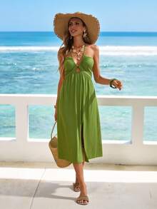 Sylviya Đầm hè nữ kiểu dáng thường ngày, hở lưng, xẻ tà, có chức năng chống nắng. - màu xanh lá - Xem 5