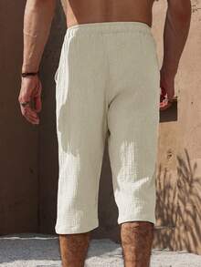 VENTUSAIL Pantalon 7/8 en coton et lin de couleur unie, décontracté et polyvalent pour hommes, vacances - Beige - Voir 2