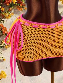 Amplova Women's Vacation Beach Contrast Trim Backless Halter Knit Top And Skirt 2 Pieces Set - Hot Pink - View 6