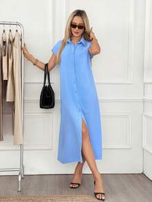 Easowa Women's Casual Commuter Brunch Vacation Cornflower Blue Front Button Mid-Length Dress, Summer Elegant Formal Wear - Blue - View 5
