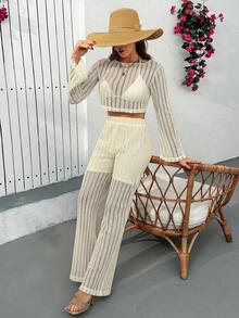EURMUSE Flare Sleeve Crop Top & Cream Crochet Knit Set – High Waist Wide Leg Pants With Gold Accessory - Beige - View 6