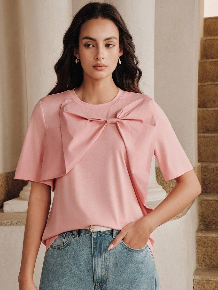 Anewsta Women's Spring Knit Patchwork Bow T-Shirt - Pink - View 1