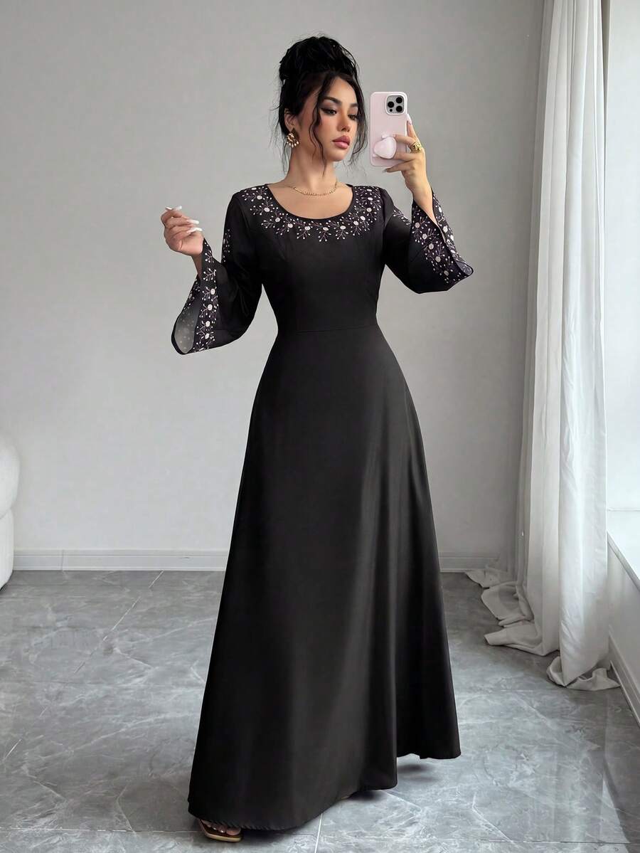 SHEIN Elenzya 定位印花长袖圆领A字型优雅浪漫精致女式连衣裙 - 黑色 - 查看 1