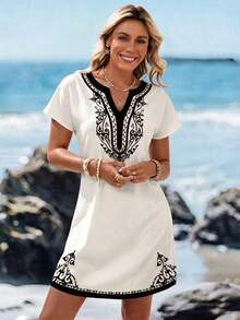 Sylviya Casual Minimalist V-Neck Short Dress For Women, Suitable For Spring/Summer Carnival - Multicolor - View 4