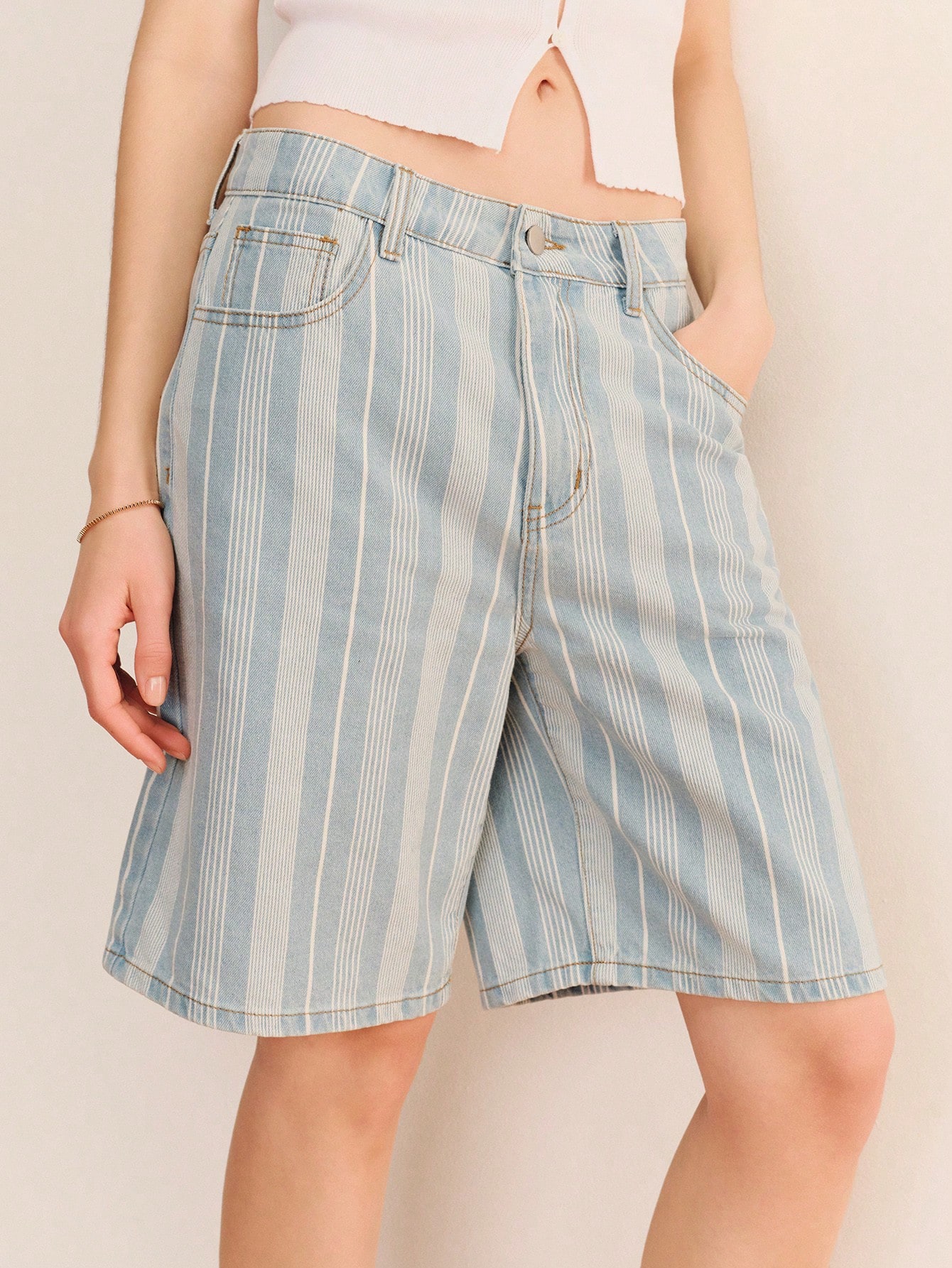 Light Blue Striped Loose Fit Bermuda Denim Shorts Spring Summer Vintage Style French Style Cotton Shorts Holiday Outfit Chic Outfit