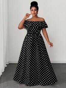 Maweii Maxikleid für Damen in Große Größen aus leichtem, fließendem Stoff mit Schwarz-Weiß Polka Punkt Muster, Carmen-Ausschnitt und Rüschensaum. Mit Taillenschleife und lang geschnittenen, weiten Rock. Geeignet für modische Casual-Anlässe, romantische Dates, Valentinstag Nachmittagstee, Abschlussfeiern, Reisen, städtische Ausflüge, romantische Hochzeitssaison und elegante Gästegarderobe: Graziöse Kleidung, minimalistische Mode für Große Größen - Verschiedenfarbig - Übersicht 4