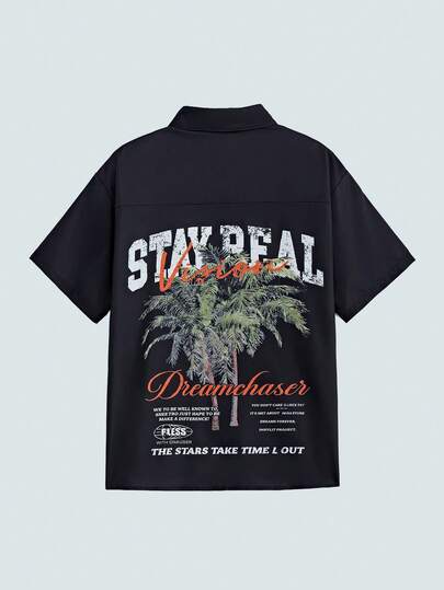 Modcrash Men's Double-Sided Tropical Palm Tree Print Short Sleeve Shirt, With "Stay Real Dreamchaser" Letter Print, Soft And Comfortable Fabric, Suitable For Summer Vacation And Beach Wear, Button Design, Streetwear Style, Full Of Holiday Atmosphere, Ideal Choice For Vacation And Leisure