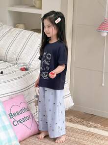 Young Girl Cute Cartoon Print Short Sleeve T-Shirt And Striped Pants Pajama Set, Summer - Navy Blue - View 2