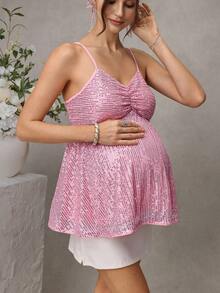Momance Áo hai dây xếp ly dáng chữ A đính sequin dành cho bà bầu, có thiết kế cúp ngực cho con bú. - Hồng - Xem 1