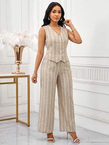 SHEIN Lady 女士休闲条纹纽扣前开襟背心和裤子两件套，夏季 - 棕色 - 查看 1