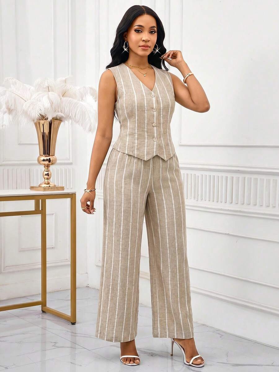 SHEIN Lady 女士休闲条纹纽扣前开襟背心和裤子两件套，夏季 - 棕色 - 查看 1