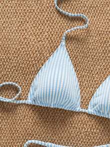 SHEIN Swim Mod 女士两件式泳衣套装，蓝色特殊面料时尚性感沙滩度假露背比基尼，春夏款 - 藍色 - 查看 4