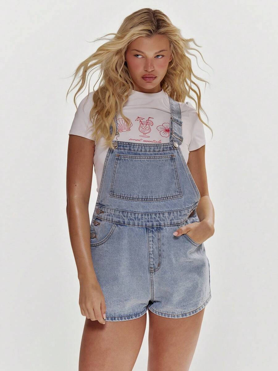 MUSERA Washed Denim Dungarees Spring Summer Cute Girly Holiday Vacation Beach Everyday Casual Sorbet - Blue - View 1