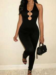 SHEIN SXY Mono ajustado con escote halter y espalda descubierta para el viaje diario - Negro - Ver 1