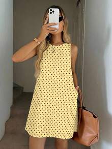SHEIN LUNE Đầm nữ không tay chấm bi nâu dáng chữ A, kiểu dáng thanh lịch, có túi chần bông, thích hợp cho kỳ nghỉ, mang phong cách cổ điển sang trọng. - Nhiều màu - Xem 4