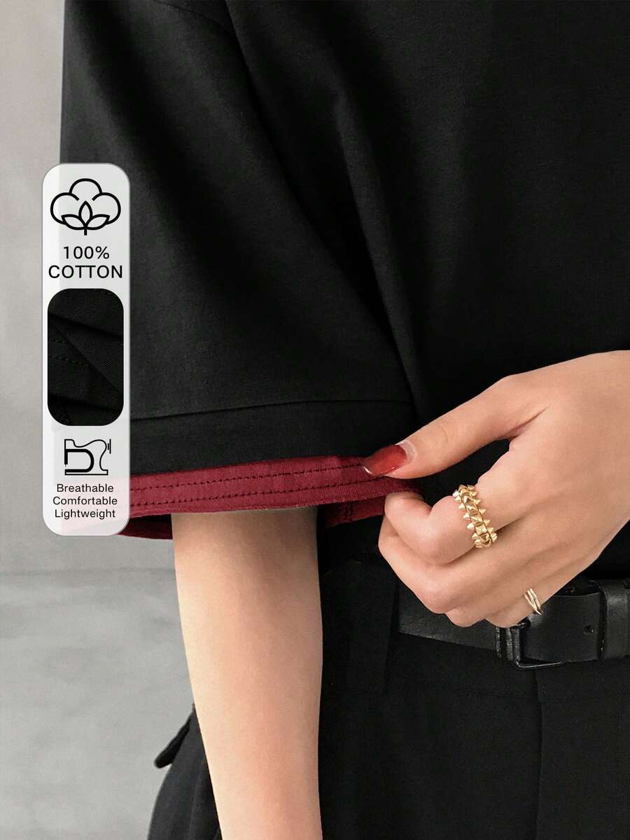 FRIFUL Women's Casual Loose Fit Colorblock Round Neck Short Sleeve T-Shirt, Versatile For Spring & Summer - Black - View 1