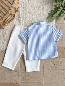 SHEIN Vintaside Kids 两件套男婴可爱休闲条纹polo衫和松紧腰条纹裤套装，适合生日派对、晚宴、演出、婚礼、婴儿派对等场合。 - 藍色 - 查看 3