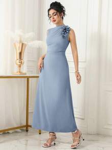 Modelyn Women's Elegant Ellegant Solid Color 3D Floral Sleeveless Dress,Summer Dresses For Women,Dresses For Women Summer Dining Dusty Blue - Blue - View 3