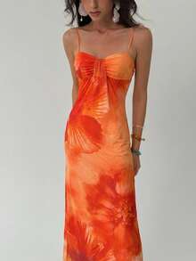 Aloruh Orange Red Floral Print Dress,Summer Casual Holiday Vacation,Elegant Spaghetti Strap Sleeveless Long Dress For Women,Beach Party Wedding Guest,Y2K - Orange - View 8