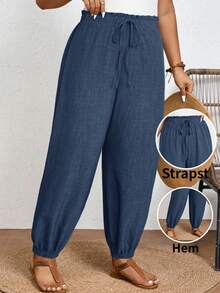 SHEIN Frenchy Pantalones largos de cintura alta con nudo delantero y estampado tropical para mujer, ideal para vacaciones de verano - Azul Marino - Ver 2