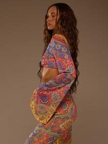 MUSERA Áo croptop cực ngắn dáng rộng, họa tiết Paisley lưới, kiểu xoắn phía trước, thích hợp cho mùa hè, đi biển, nghỉ mát, phong cách Boho, du lịch, lễ hội. - Màu vàng - Xem 3