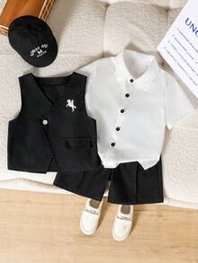 Genkimix Kids 男婴时尚三件套：黑色背心+白色衬衫+黑色短裤，面料柔软舒适，适合外出、拍照、上学、运动及各种场合。 - 黑色 - 查看 10