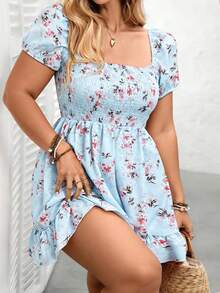 Elenzga Plus Size Women's Pink Floral Square Neck Dress, Puff Sleeve, Flattering, Casual/Work/Vacation Soft Aesthetic Short Skater Dress - Blue - View 7