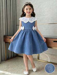 Elladie kids 少女復古藍色牛仔洋裝，夏季仙女鏤空領口蝴蝶結無袖A字公主裙，生日花童派對收腰A字洋裝 - 藍色 - 查看 4