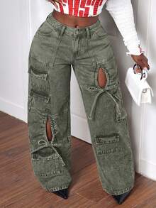 Slaydiva Plus Size Women Cargo Pocket Button Casual Versatile Daily Wear Wide Leg Jeans Brown Spring - Army Green - View 4