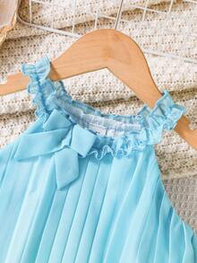 SHEIN Elladie kids 女童夏季褶皱蓝黄渐变荷叶边蝴蝶结装饰无袖连衣裙，适合度假、休闲、日常穿着，时尚优雅。 - 彩色 - 查看 10