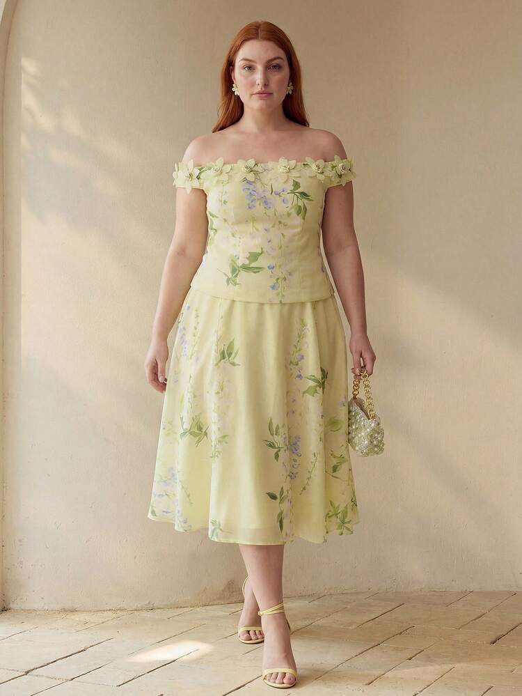 PLUS SIZE WOMEN'S HOLIDAY FLORAL PRINTED LINEN-LOOK SKIRT