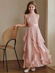 Anewsta Summer French Elegant Pink Iridescent Ruffle Trim Halter Neck Girls Dress - Pink - View 7