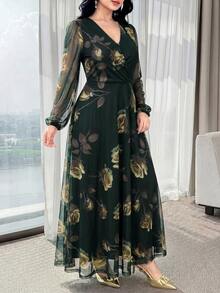 Nuevo vestido elegante y encantador de cintura ceñida de alta gama con flores de rosa para mujeres - Verde militar - Ver 6