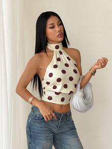 SHEIN PETITE Áo hai dây hở lưng cổ yếm in chấm bi thời trang dành cho nữ, thích hợp cho các buổi đi chơi, phong cách đường phố, thời trang Y2K, áo chấm bi. - Màu vàng - Xem 5