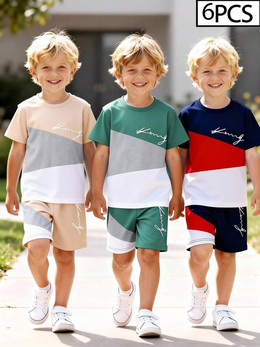 6件套男童休闲运动学院风街头可爱酷炫三色字母印花短袖T恤+短裤,适合日常穿着、上学、外出、运动、春夏穿着。为男童提供多种搭配选择,设计简约优雅,穿着舒适时尚。这套服装将成为男童衣橱中实用又时尚的选择。 - 彩色 - 查看 1