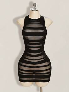 SHEIN ICON 2000 夏季女士外出黑色夜店哥特风露背纯色交叉露背休闲迷你连衣裙 - 黑色 - 查看 6