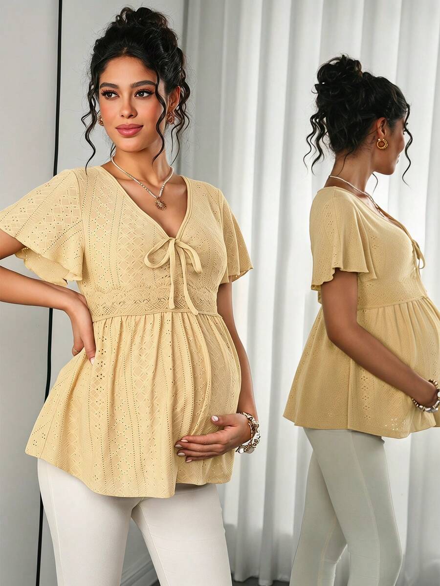 Áo thun bầu dáng suông, thêu họa tiết rỗng, xếp ly, trang trí ngực, thanh lịch, dễ thương, thường ngày. - Màu vàng - Xem 1