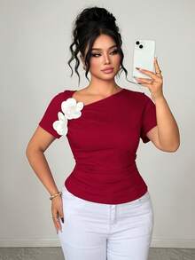 Elenzga Plus Size Women's Elegant Casual Asymmetric Neck 3D Floral Decor Stretchy Fitted Short Sleeve Top, Commuting Blouse, Glamorous Party Top, Daily Wear, Spring/Summer - Burgundy - View 5