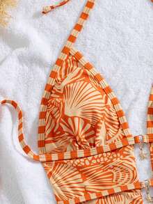 Swim Vcay Retro Urlaubsstil Damen Badeanzug, Orange & Beige Farbblock, Meeresbewohner Muster, Halter Nacken Krawatte, doppellagige Ausschnitt-Metallstern Dekoration, hochgeschnittene Rückseite, Vintage Urlaubsstil, Frühling Ostern Strand Küsten Resort Chic - Orange - Übersicht 7