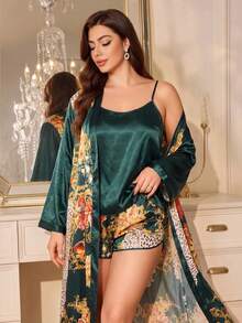 MuseNap CURVE Plus Size Women's Dark Green Faux Silk Leopard Floral 3 PiecesPajama Set: Robe, Camisole, And Shorts - Multicolor - View 1