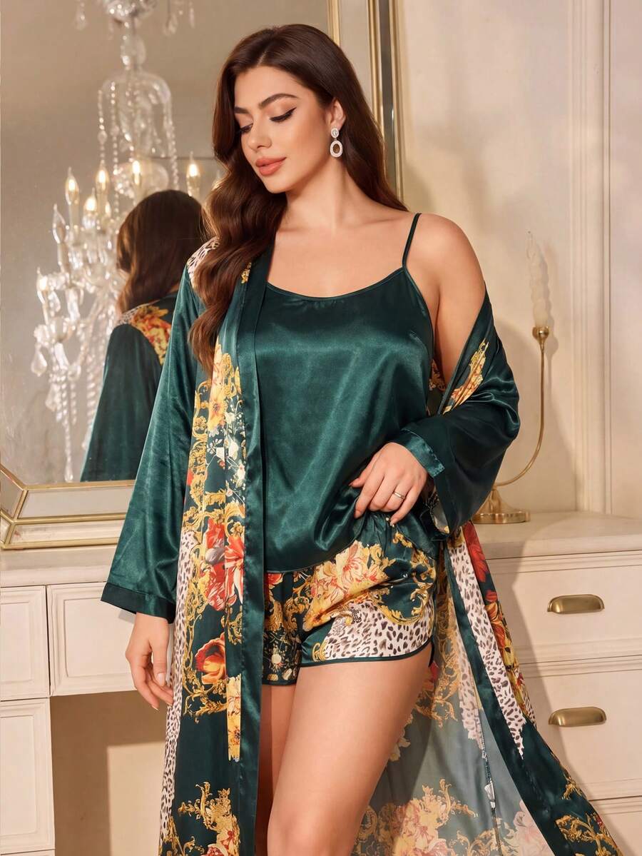 MuseNap CURVE Plus Size Women's Dark Green Faux Silk Leopard Floral 3 PiecesPajama Set: Robe, Camisole, And Shorts - Multicolor - View 1