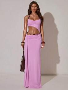 SHEIN BAE Women's Sexy Hollow-Out Beaded Decor Halter Dress, Beach Dress, Suitable For Beach, Vacation, Date, Hanging Out With Friends, Vacation Dress,Summer Dresses For Women - Baby Pink - View 3