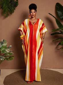 Maweii Plus Size Women's Vacation Dress, Yellow Ombre Color Block Print, V-Neck Design, Spring/Summer New Versatile Boho Long Sleeve Maxi Dress - Multicolor - View 3