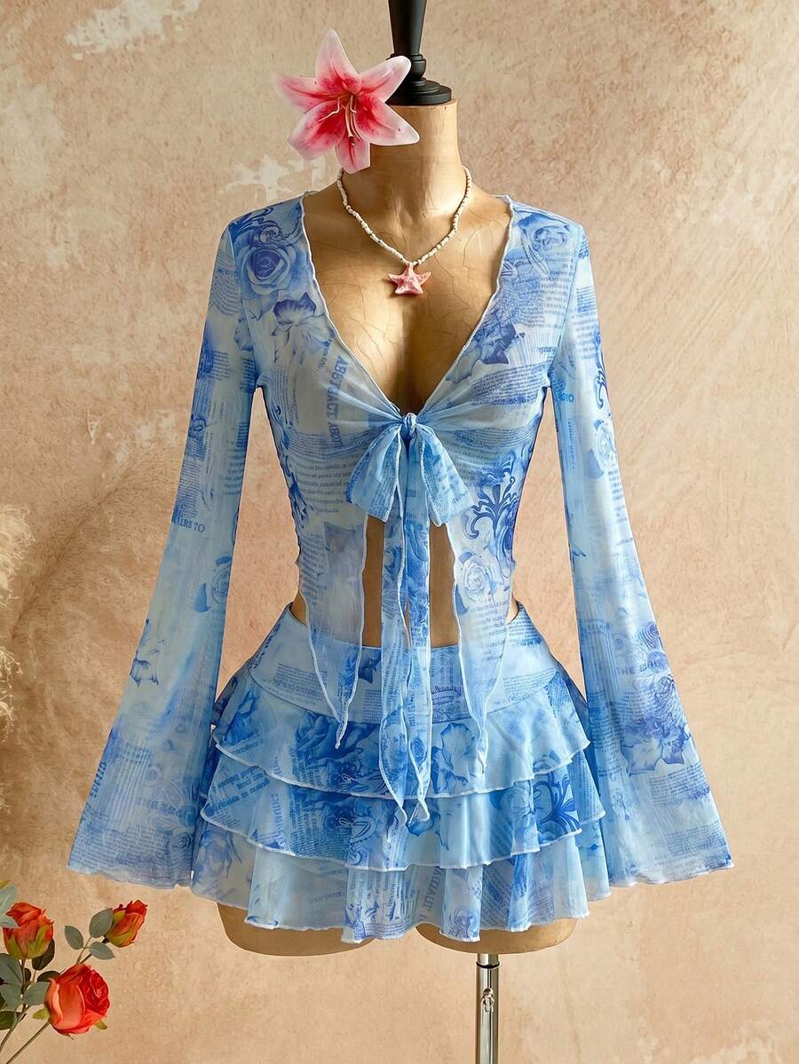 Soleia 女款復古Y2K花卉字母印花長袖前綁帶罩衫與迷你裙兩件套,淺藍色夏季度假休閒波希米亞風穿搭 - 淺藍色 - 查看 1