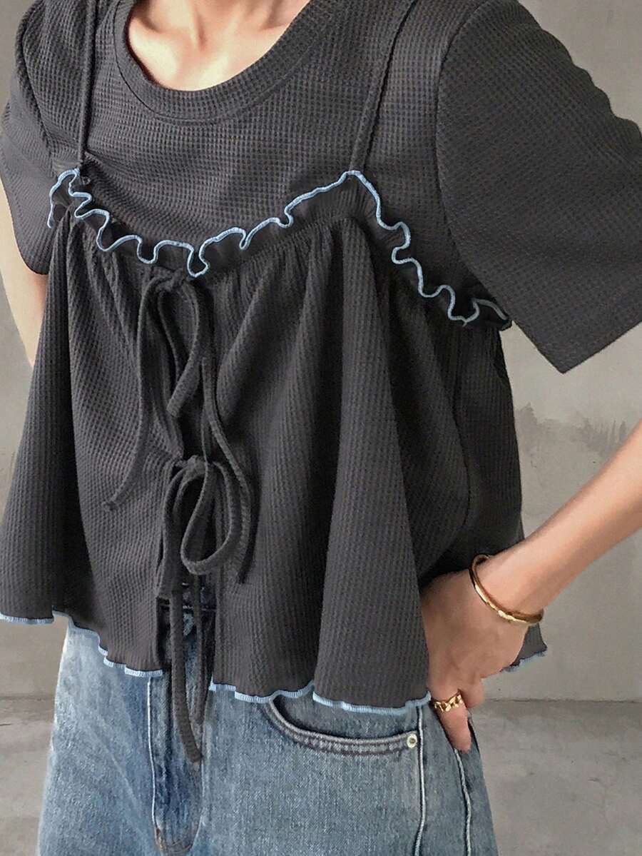FRIFUL 女士两件套系带连衣裙,宽松圆领短袖,蝴蝶结褶皱荷叶边装饰,夏季款 - 灰色 - 查看 1