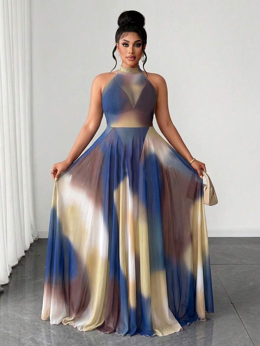 Maweii Vestido de verano con estampado degradado, sin espalda y con cuello halter para mujer de talla grande - Multicolor - Ver 1